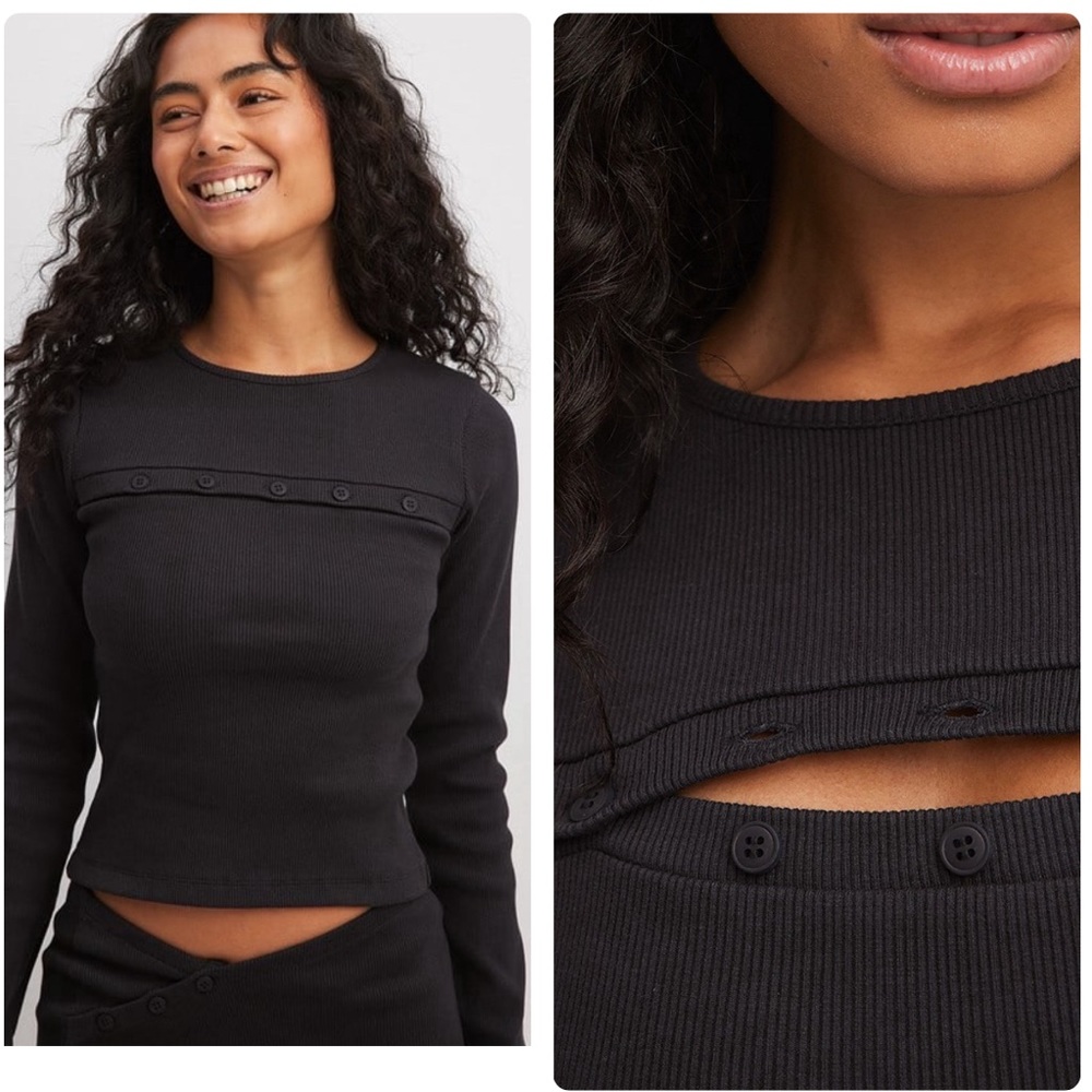 NA-KD Ribbed Material Button Detail Long Sleeve Cotton Top